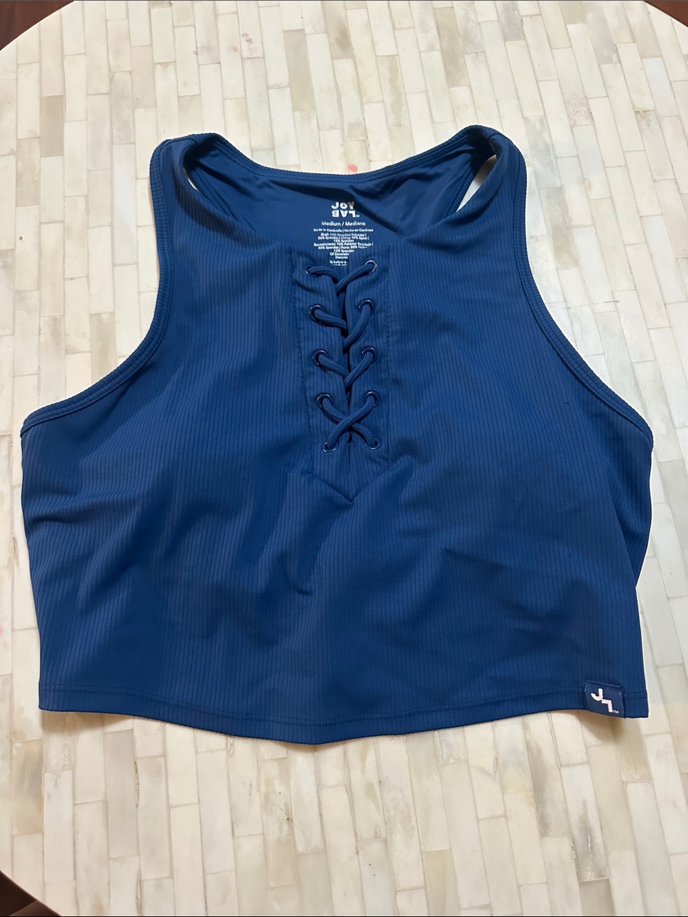 JoyLab Navy Blue Lace-Up Ribbed Sports Bra